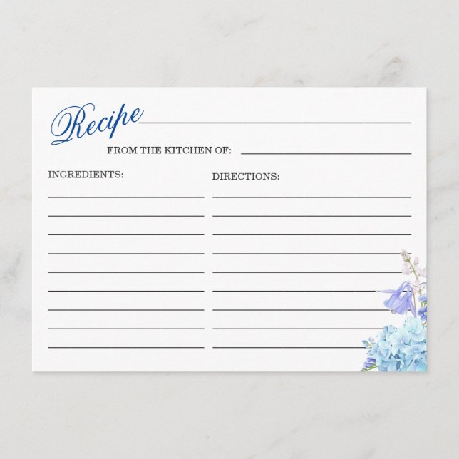 Carte de recette Fête des mariées Florale Blue Hyd (Devant)