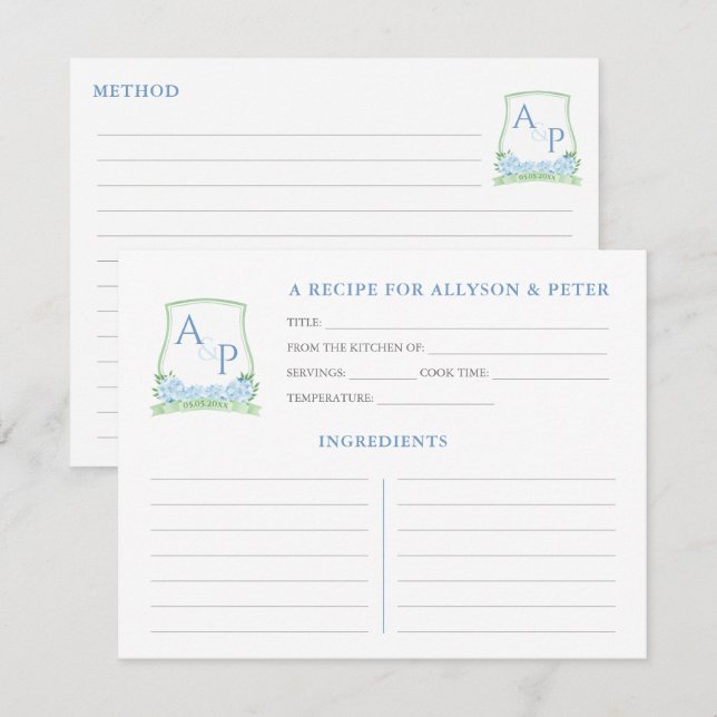 Carte de recette Fête des mariées Monogramme bleu  (Devant / Derrière)