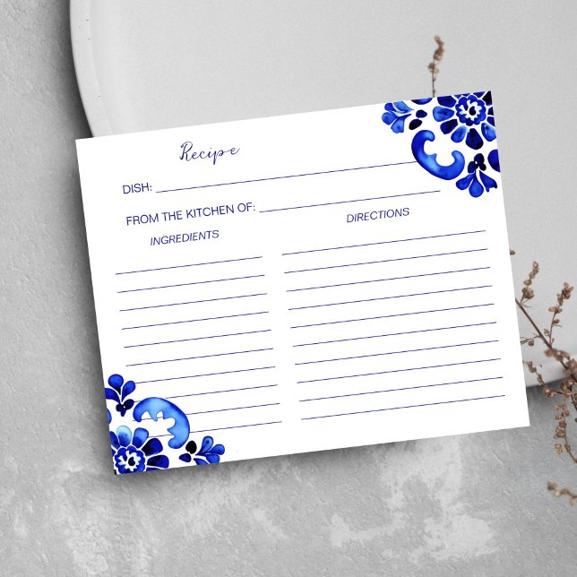 Carte de recette italienne à thème Amalfi Méditerr (Amalfi Mediterranean Italian themed recipe card Blue tiles themed Talavera Azulejo tiles)