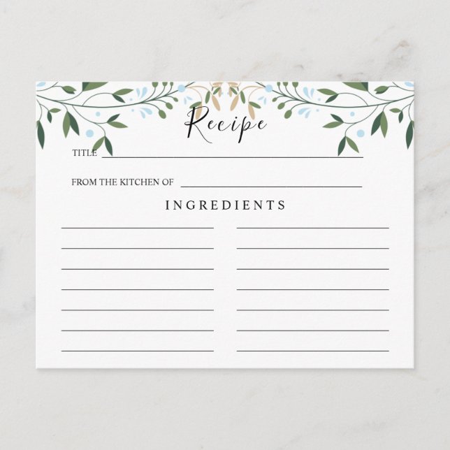 Carte de recette Mariage vert, aquarelle feuille (Devant)