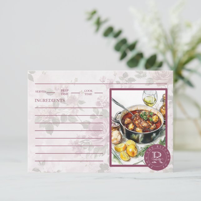 Carte de recette rose Monogramme photo personnalis (Debout devant)