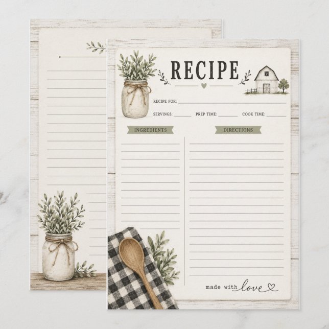 Carte de recette thème ferme rustique (Devant / Derrière)