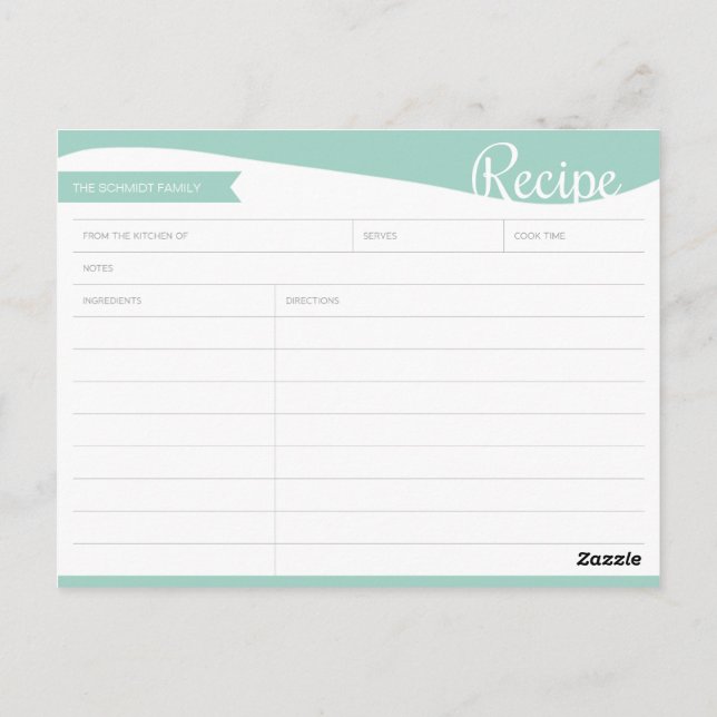 Carte de recette Turquoise et blanche personnalisé (Dos)
