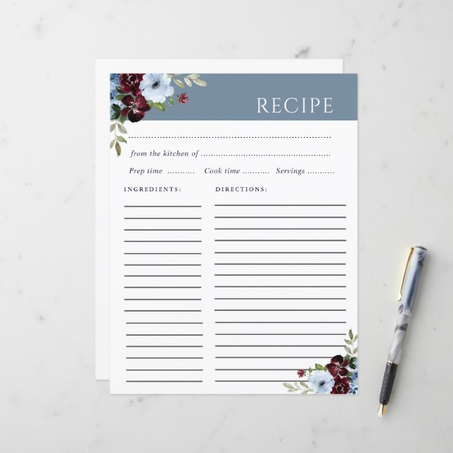 carte de recettes burgundy bleu poussiéreux (Devant/Arrière en situation)