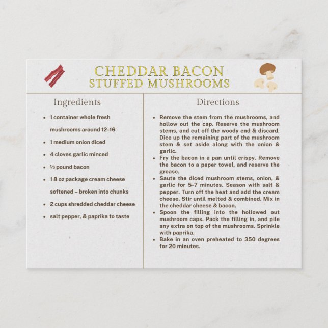 Carte de recettes Cheddar Bacon Stuffed Mushrooms (Devant)