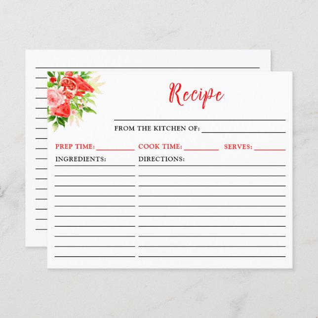 Carte de recettes de pastèque et grenade (Devant / Derrière)