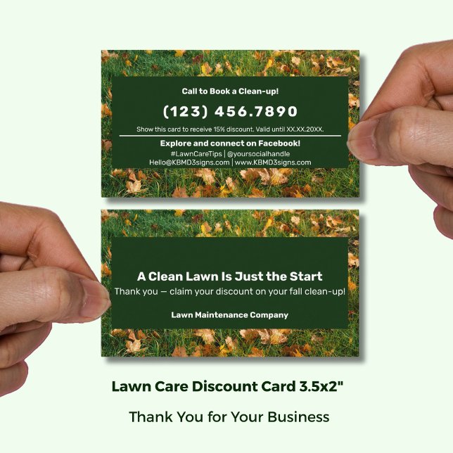 Carte De Réduction A Clean Lawn Is Just the Start Thank You  (A Clean Lawn Is Just the Start Thank You Discount Card; Size: 3.5x2 Inch, Green White Branding)
