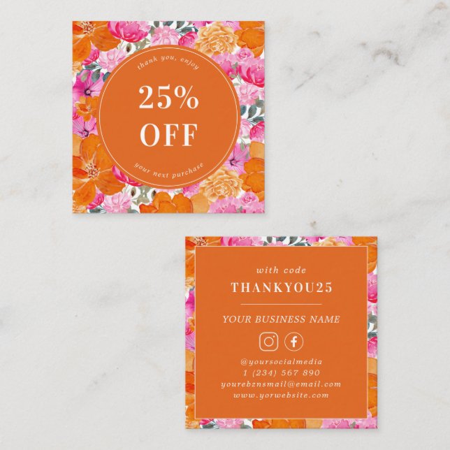 Carte De Réduction Aquarelle rose et orange Florale Petite entreprise (Devant / Derrière)