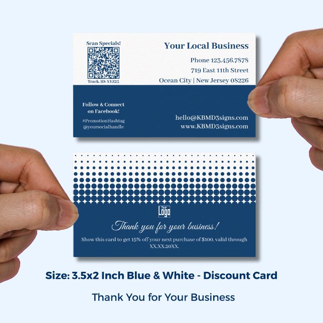 Carte De Réduction Blue & White Half Tone Pattern Thank You and (Blue & White Half Tone Pattern Thank You and Discount Card; Size: 3.5x2 Inch, Logo, QR code)