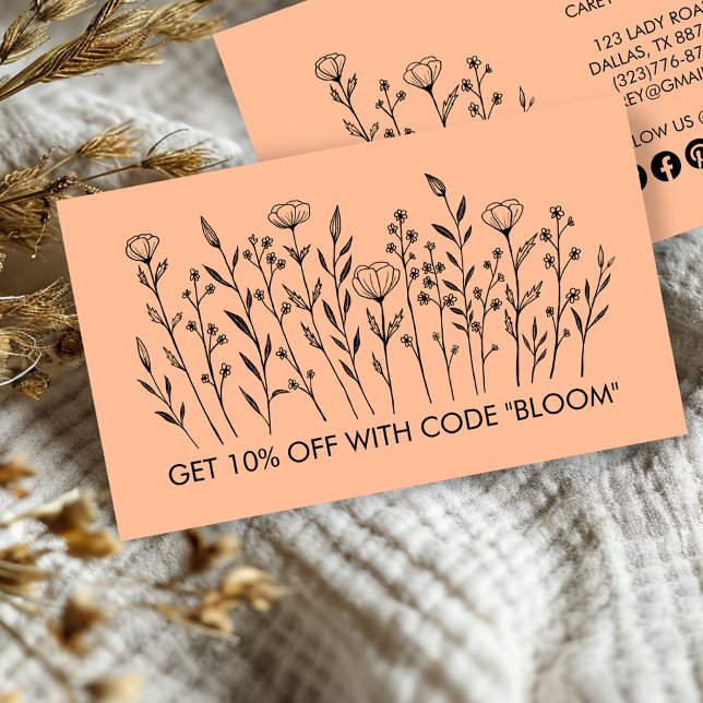 Carte De Réduction Chic Elegant Fleur sauvage Line Art Icônes sociale (Chic Elegant Wildflowers Line Art Social Icons Discount Card
Feminine ELegant Girly Business card)