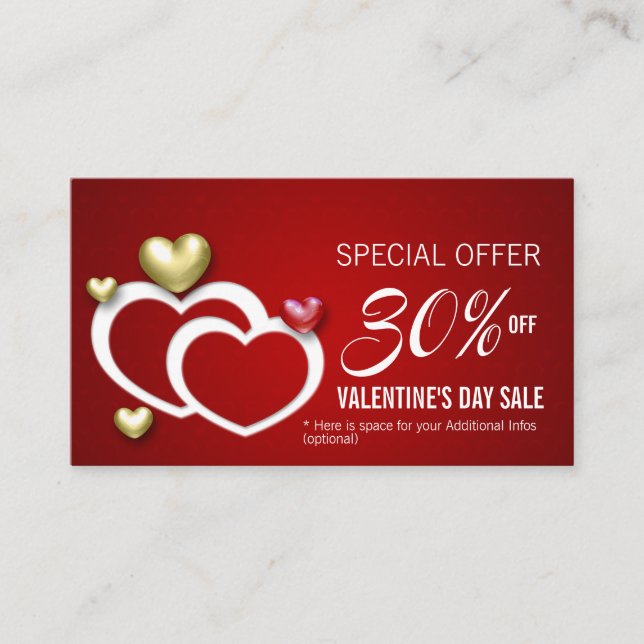 Carte De Réduction Coeurs de Saint-Valentin d'or rouge moderne (Devant)