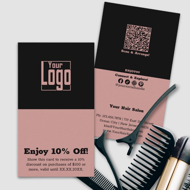 Carte De Réduction Coiffeuse simple à deux tons 10 % moins (Simple Dual-Tone Hairstylist 10% Off Discount Card, Square Logo, QR code, Tracking, Social,)