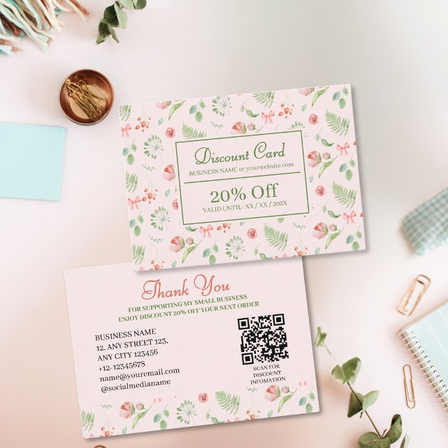Carte De Réduction Elégant rose Aquarelle Motif Floral Festin (Créateur téléchargé)