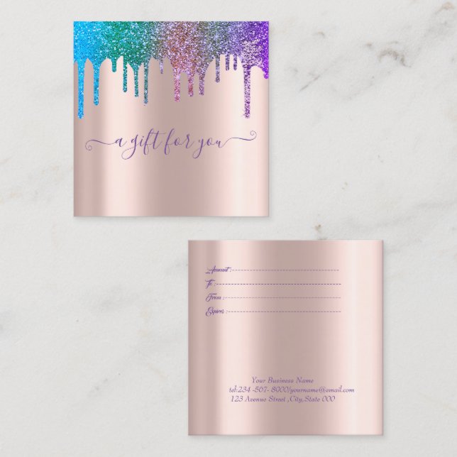 Carte De Réduction Elégant Rose Gold, Rainbow Parties scintillant Dri (Devant / Derrière)