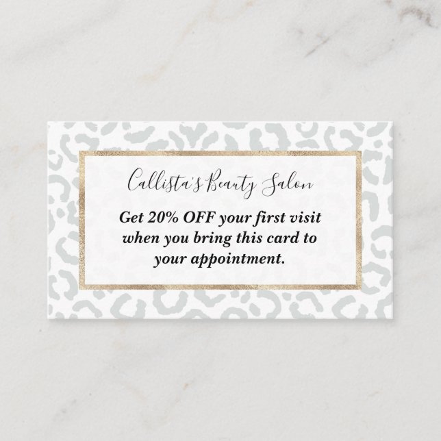 Carte De Réduction Elegant White Gray Leopard Cheetah Animal Print (Devant)
