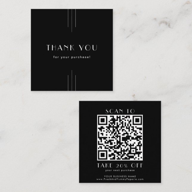 Carte De Réduction EVERLY Art Deco Black Business QR Code Thank You (Devant / Derrière)
