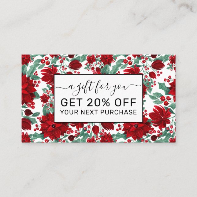Carte De Réduction Joyeux rouge Poinsettia Fleurs Feuilles ivoire Aqu (Devant)