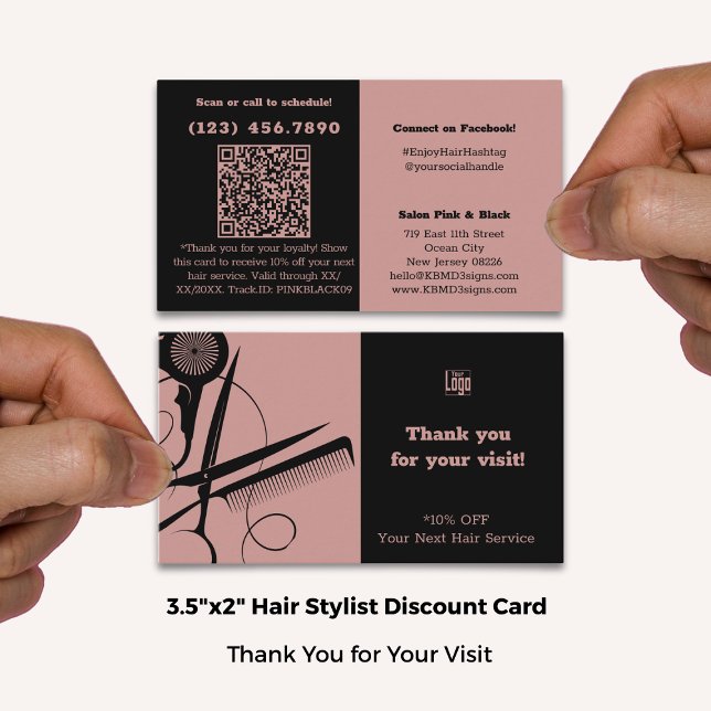 Carte De Réduction Logo du Salon moderne QR Code Merci rose noir (Modern Salon Logo QR Code Pink Black Thank You Discount Card; Standard Size: 3.5x2 Inch (US))