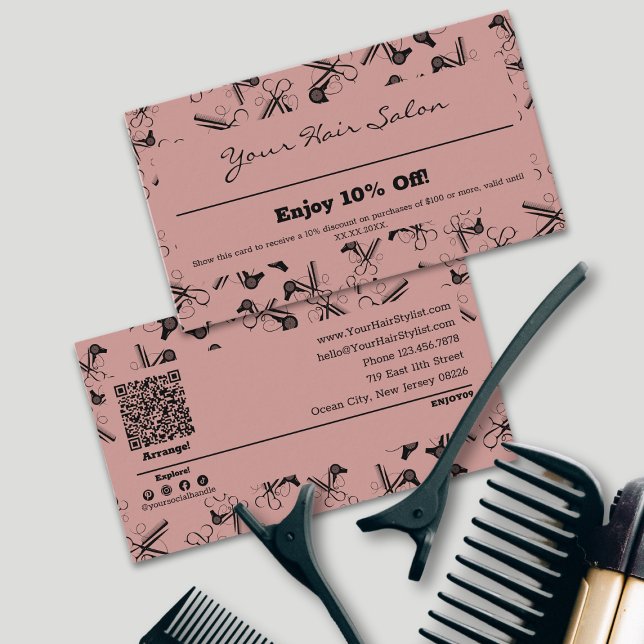 Carte De Réduction Outils de coiffure professionnels modernes Stylist (Modern Professional Hair Tools Stylist 10% Discount Card, Terms, Scannable, Social, Tracking)