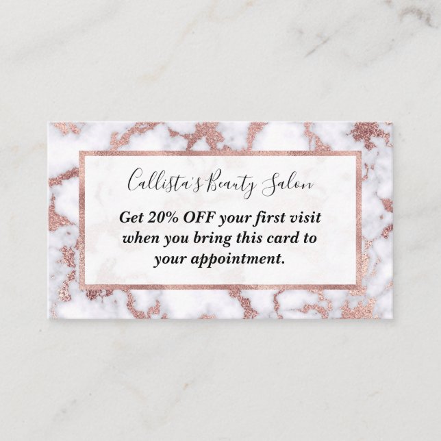 Carte De Réduction Patterns de Chic Rose Gold White Marble Stone (Devant)