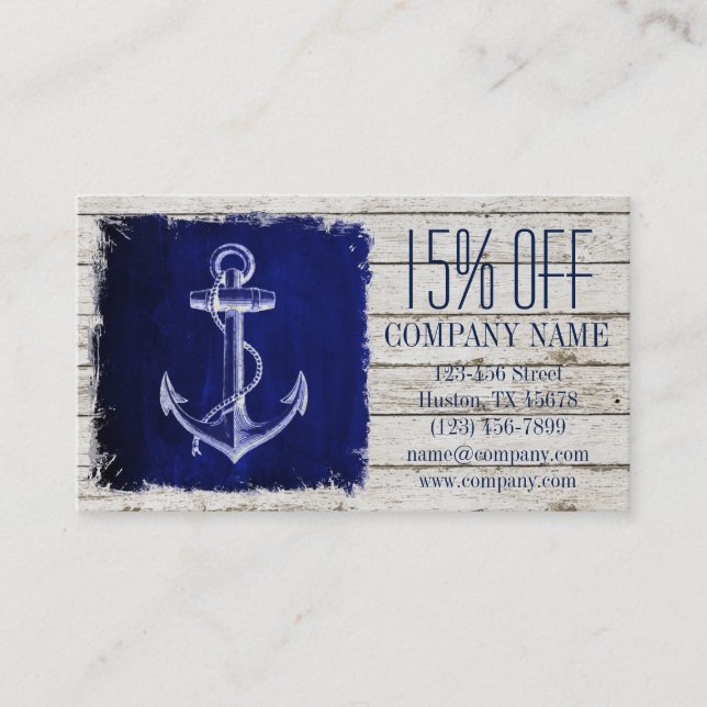 Carte De Réduction plage chic bois nautique marine bleu ancre (Devant)