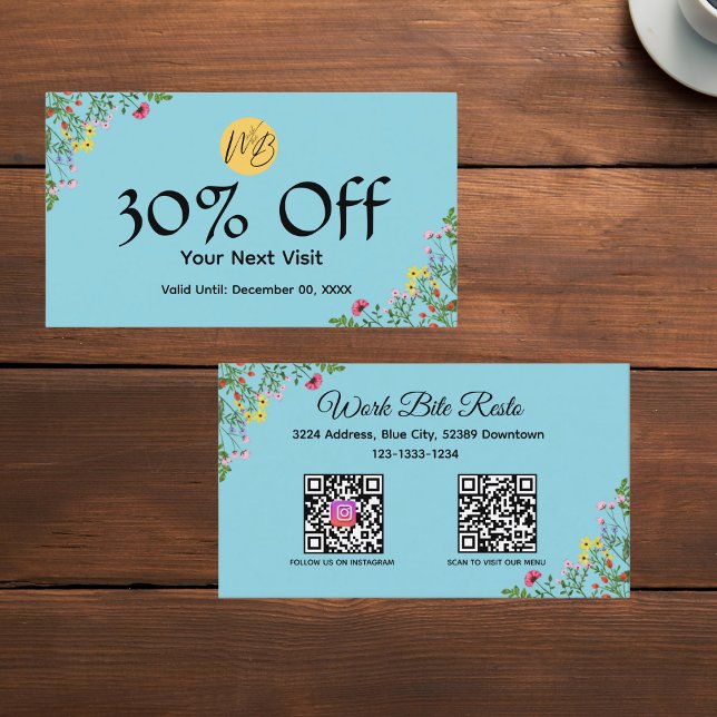 Carte De Réduction Restaurant moderne fleur sauvage Qr Code Menu et (Créateur téléchargé)