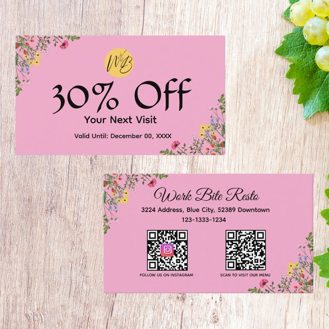 Carte De Réduction Restaurant moderne fleur sauvage Qr Code Menu et (Créateur téléchargé)