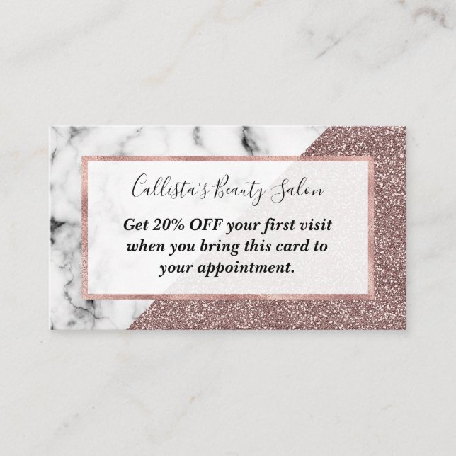Carte De Réduction Rose Gold Pink Glitter Marble Geometric Cut (Devant)