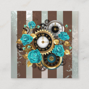 Carte De Réduction Steampunk Clock and Turquoise Roses on Striped