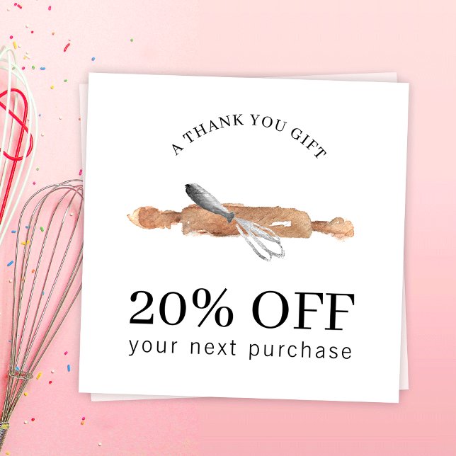 Carte De Réduction Ustensiles de boulangerie Whisk Chef Logo Restaura (Modern bakery business discount cards with watercolor bakery art and fully editable text)