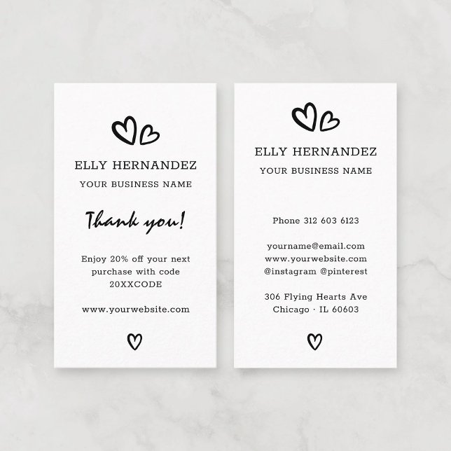 Carte de réduction verticale Merci noir Heart Logo (Simple Black and White Modern Script Heart Logo Black Thank You Vertical Discount Card.)