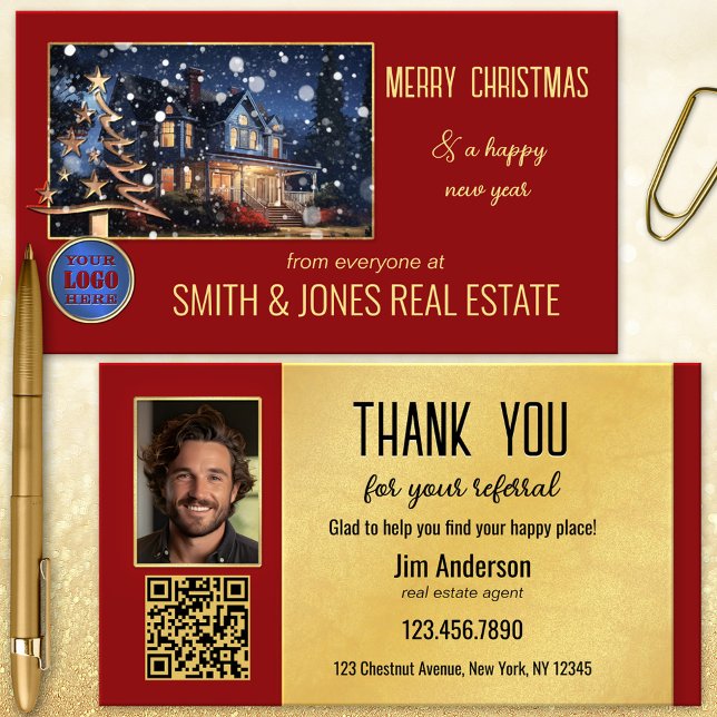 Carte de référence QR Code pour les propriétés imm (Red gold Christmas referral business card featuring a cozy house and your photo with QR code)