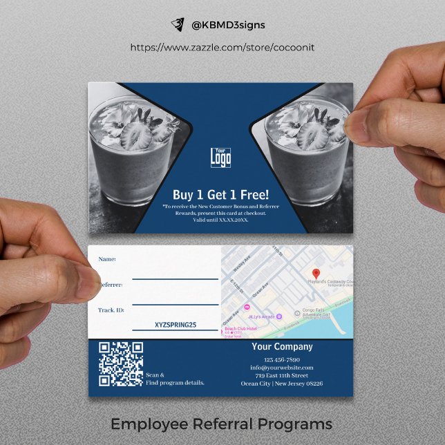 Carte De Référencement Acheter 1 Obtenir 1 Gratuit Bleu Blanc Noir Récomp (Buy 1 Get 1 Free Blue White Black Employee Reward Referral Card)