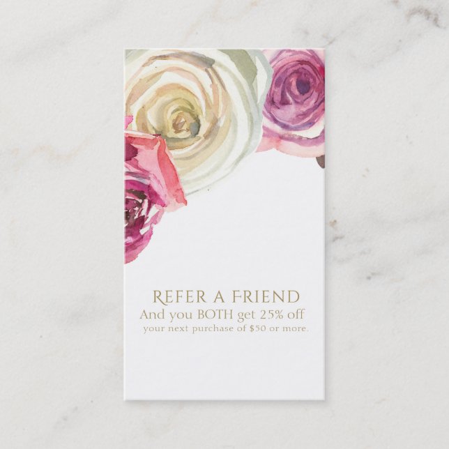 Carte De Référencement Aquarelle Rose rose blanc Flore recommander un ami (Devant)