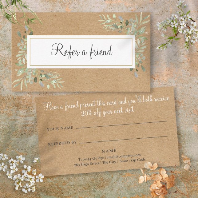 Carte De Référencement Aquarelle verte Rustique Kraft (Watercolor Greenery Rustic Kraft Referral Card)