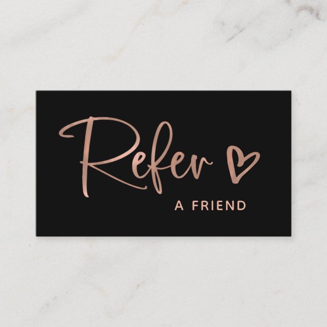 Carte De Référencement Black and Faux Rose Gold Script and Heart| (Devant)