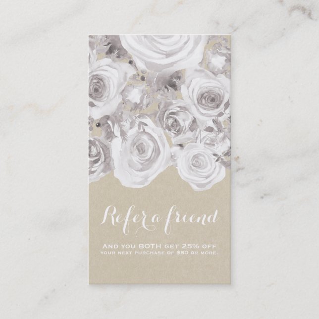 Carte De Référencement Blanc Rustique Roses d'hiver Kraft Floral Chic (Devant)