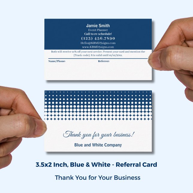 Carte De Référencement Blue et Blanc Combo Merci & (Blue and White Modern Combo Thank You & Referral Card; Size: 3.5x2 Inch)