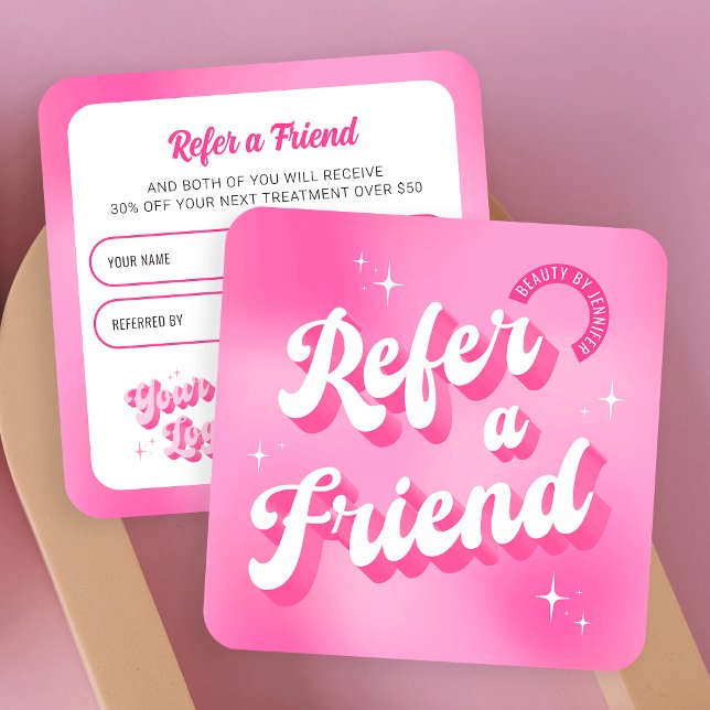 Carte De Référencement Branché Retro rose recommander un ami Lash Salon N (Groovy Refer a Friend business cards in girly pink colors, featuring retro fonts and your logo)