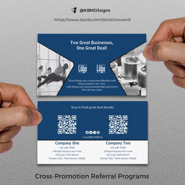 Carte De Référencement Deux grandes entreprises, une grande comarque Blue (Two Great Businesses, One Great Co-Branded Blue Referral Card Business Collaboration Cross Promotion)