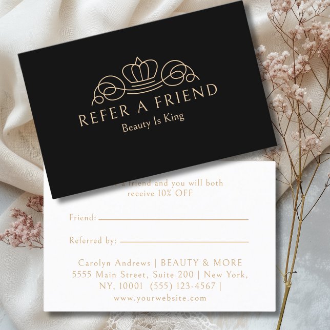Carte De Référencement Elegant Crown Logo Salon Black Beige (Elegant Crown Logo Salon Black Beige Referral Card)