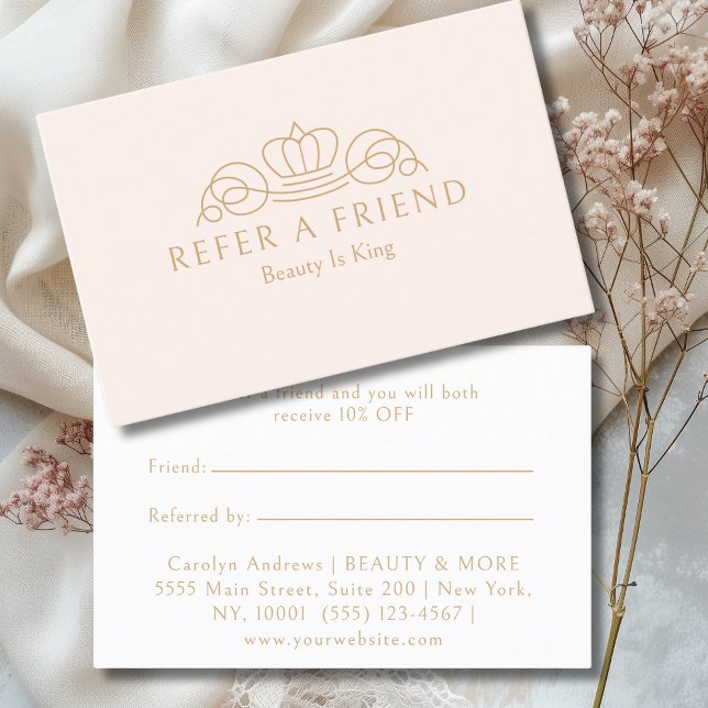 Carte De Référencement Elegant Crown Logo Salon Blush Beige (Elegant Crown Logo Salon Blush Pink Referral Card)