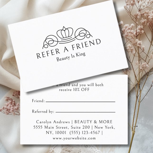 Carte De Référencement Elegant Crown Logo Salon White (Elegant Crown Logo Salon White Referral Card)
