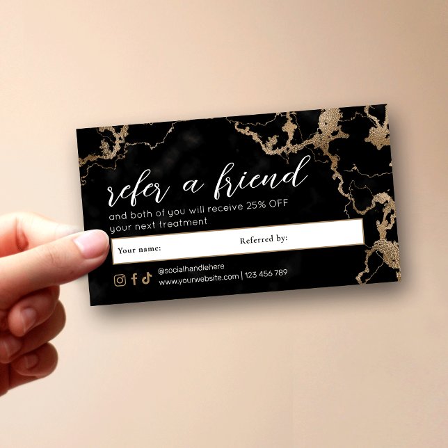 Carte De Référencement Elegant Script Gold & Black Marble Beauty Salon (Elegant black and gold marble Refer a Friend discount cards with fully customizable text)