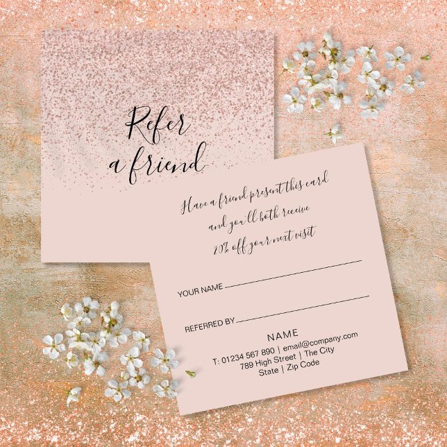 Carte De Référencement Élégant Script Moderne Rose Or Paillettes Client (Elegant Modern Script Rose Gold Glitter Customer Referral Card)