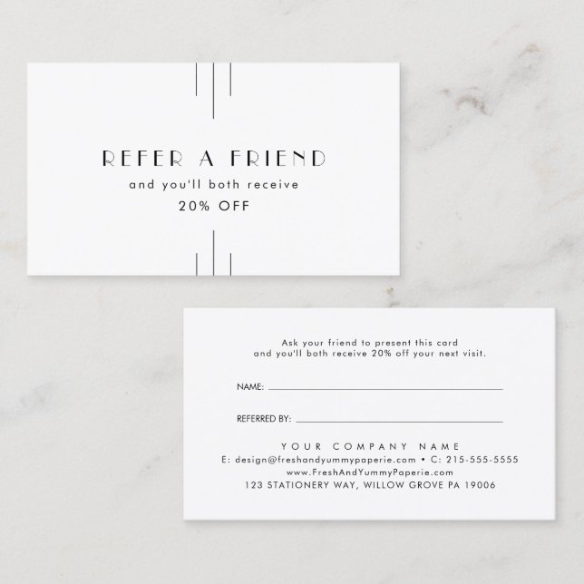 Carte De Référencement EVERLY Art Deco White Black Refer A Friend (Devant / Derrière)