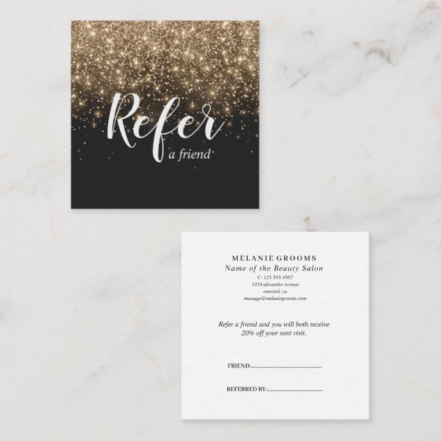 Carte De Référencement Gold And Black Glitter Elegant Refer A Friend  (Devant / Derrière)