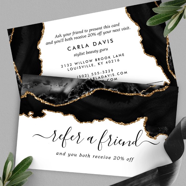 Carte De Référencement Marbre Moderne Noir Élégant Agate Or (Créateur téléchargé)