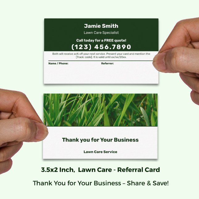 Carte De Référencement Merci du service d'entretien de pelouse d'image pe (Custom Image Lawn Care Service Thank You Referral Card, Text Only; Size: 3.5x2 Inch)