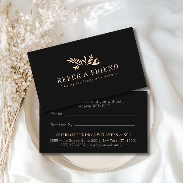 Carte De Référencement Minimal Floral Black Botanical  (Custom Minimal Floral Black Botanical Referral Card)